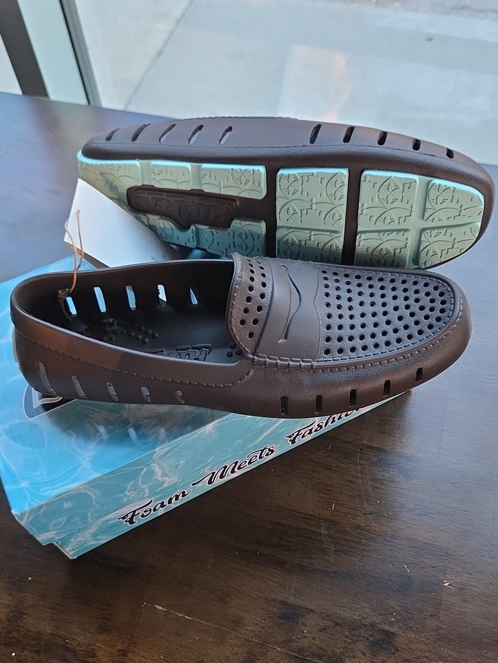 Floafers Size 9 Men's Perforated Slip-On Loafers - Brown With Blue Sole NEW